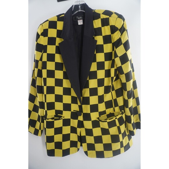 Plymouth Black & Yellow Checkered Statement Tailored Vintage Silk Blazer Size 8 - Picture 7 of 12